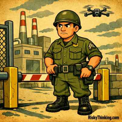 A grim guard stands outside a factory. There is a drone in the sky behind him.